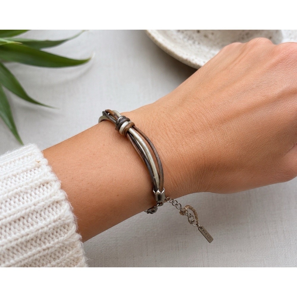 Chan Luu Multi Strand Leather Bracelet Brown Cream Gray Adjustable Boho